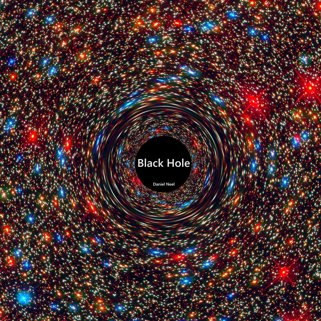 High-resolution image of the artwork for Daniel Neel's album "Black Hole". The artwork is a computer-simulated image of a black hole, showing a large number of stars in a galaxy being distorted by the shape of a black hole.