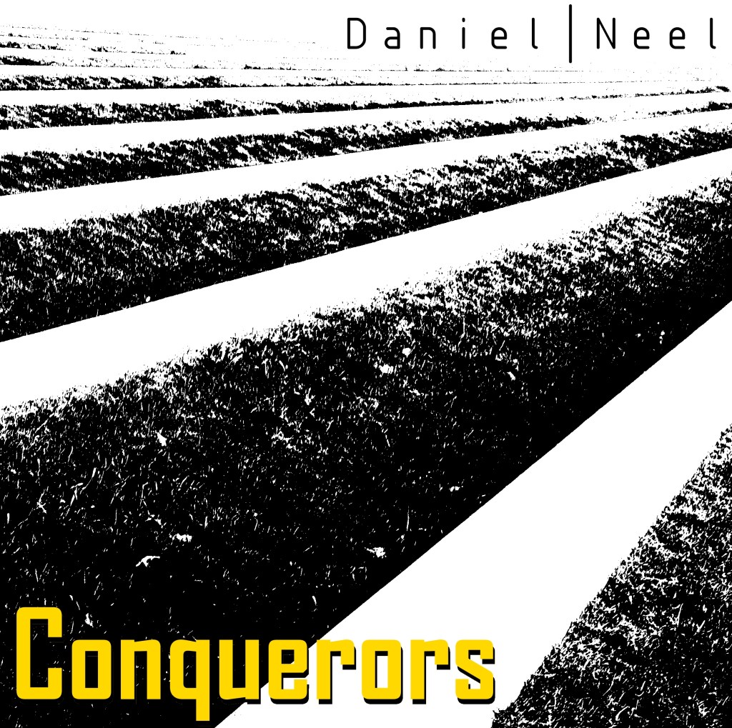 High-resolution image of the artwork for Daniel Neel's EP "Conquerors". The artwork is a black-and-white photo of a an outdoors staircase with stone steps and grass. The image is stylized to look like a repeating pattern of angled lines. The title "Conquerors" shows in yellow lettering in the bottom-left.