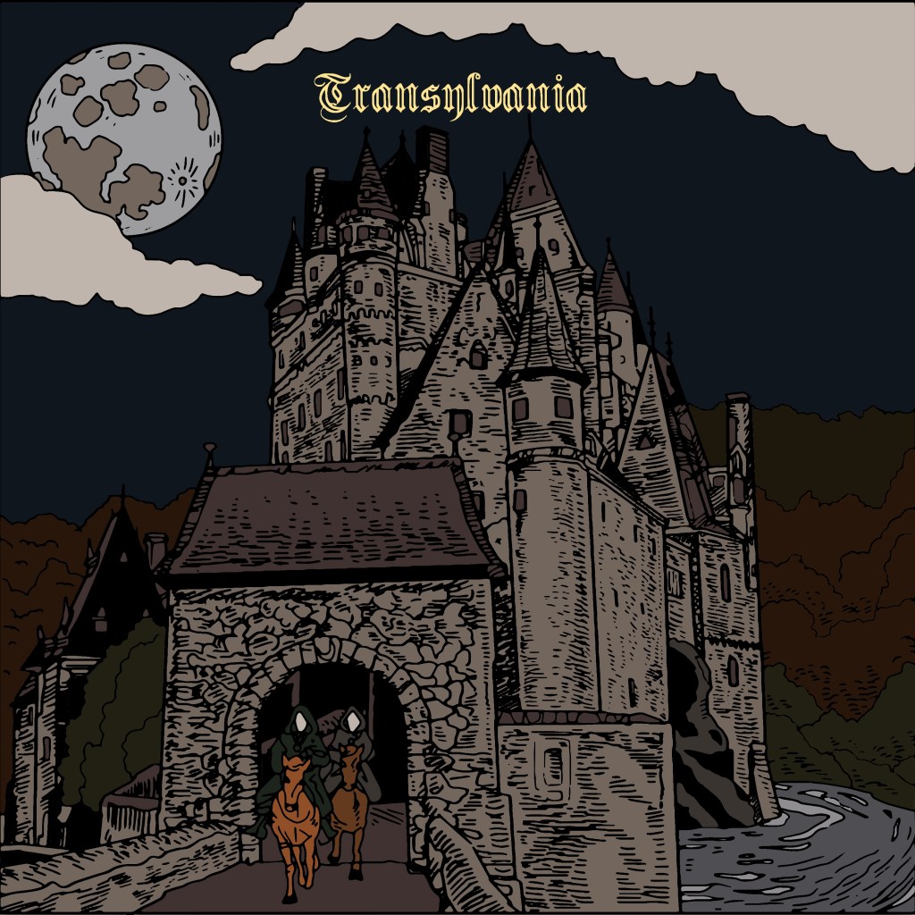 High-resolution image of the artwork for Daniel Neel's EP "Transylvania". The artwork is in a detailed cartoon-ish style. It shows a castle with two riders on horses crossing a bridge. The castle is surrounded by a moat. There is a moon in the top-left of the image. The text "Transylvania" shows at the top of the image.