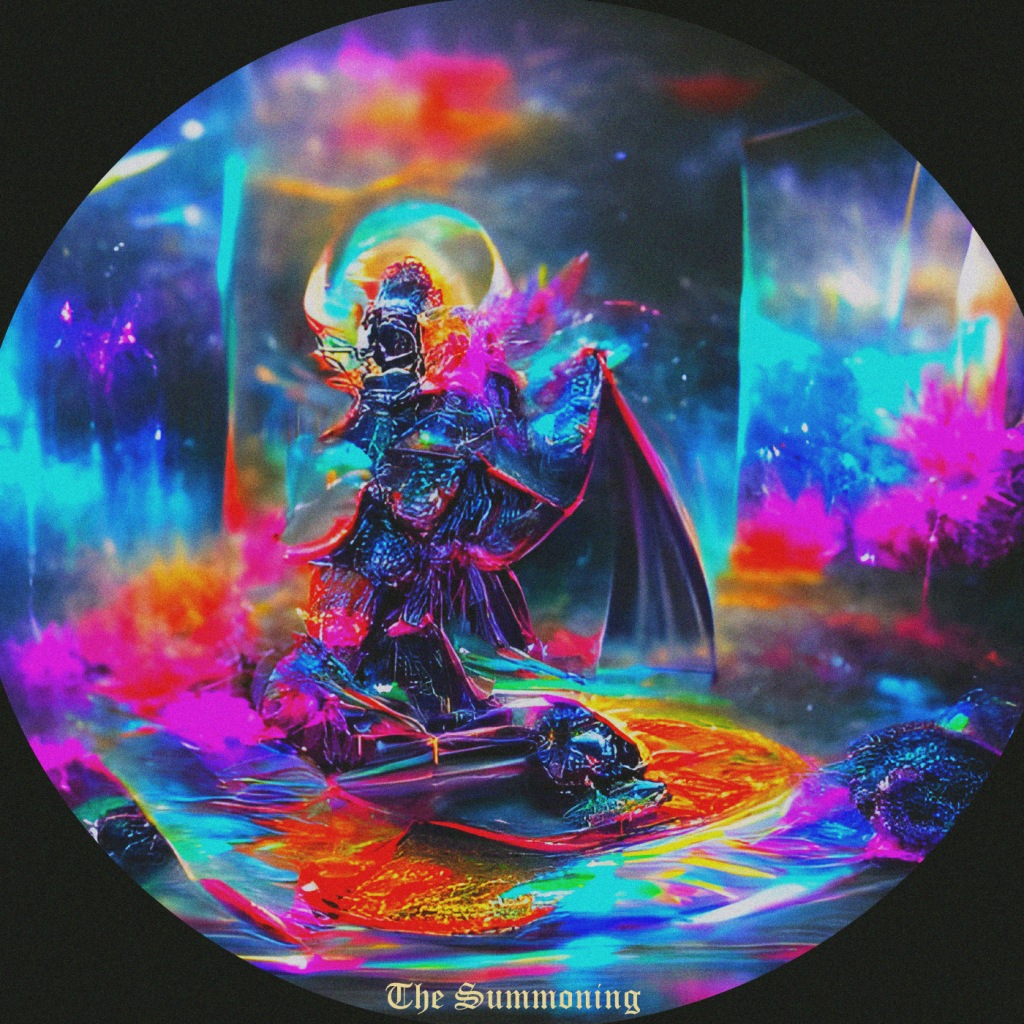 High-resolution image of the artwork for Daniel Neel's EP "The Summoning". Artwork shows a vaguely bat-looking creature attempting to summon something on a lake. Coloring uses vibrant shades of pink, teal, dark blue, and orange. The text "The Summoning" is displayed at the bottom of the image in a gothic font.