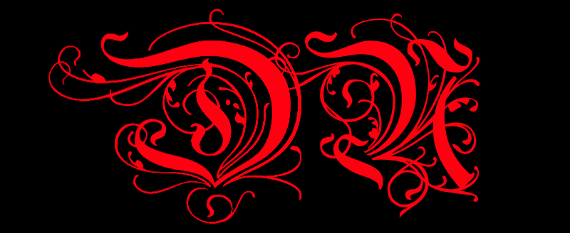 The initials "DN", in red color, on a black background, in an intricate gothic style.