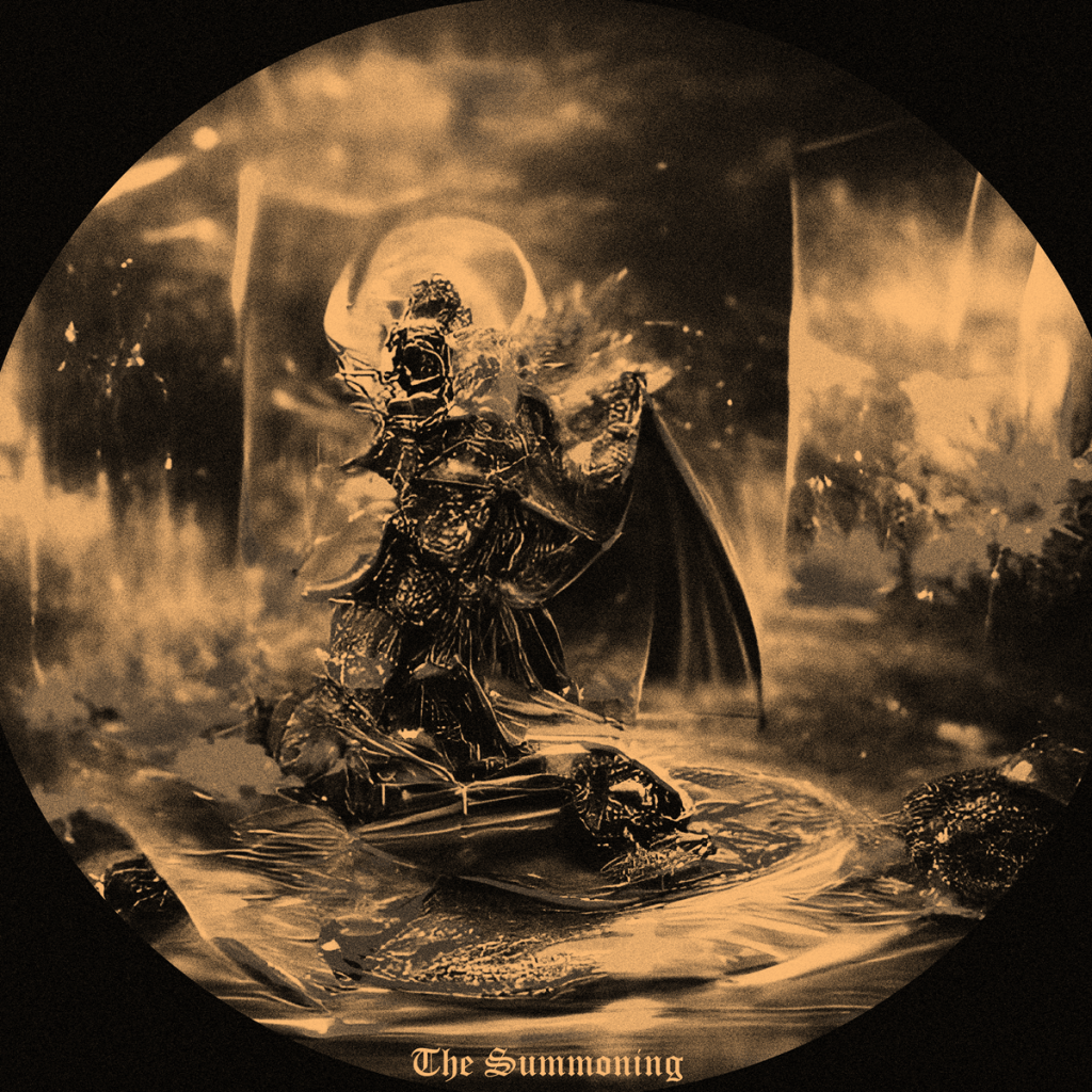 Low-resolution image of the artwork for Daniel Neel's EP "The Summoning". Artwork shows a vaguely bat-looking creature attempting to summon something on a lake. Artwork is black and brown. The text "The Summoning" is displayed at the bottom of the image in a gothic font.