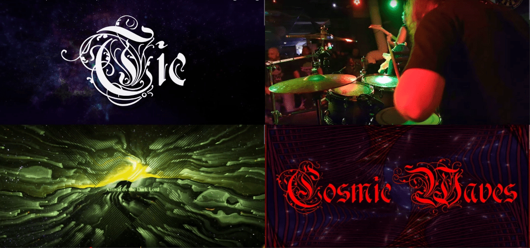 A collage showing video thumbnails 
from some music videos (Tic, Arrival ov the Dark Lord, and Cosmic Waves) and a drum cam video Daniel has posted.